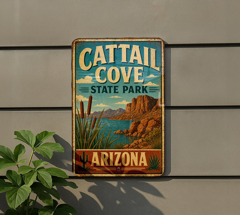 A vintage metal sign for Cattail Cove State Park in Arizona, featuring a desert landscape with mountains, cacti, and a body of water.