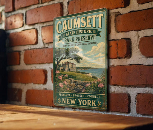 a vintage-style poster of Caumsett State Historic Park Preserve, which is located in Long Island's Green Coast Heritage.