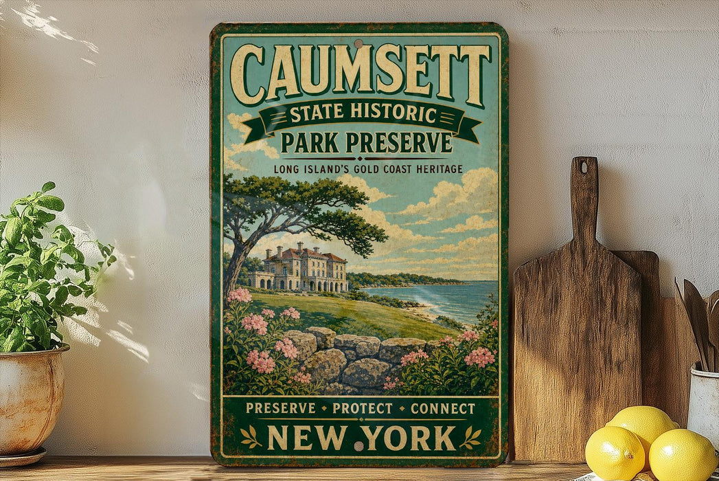 a vintage-style sign for Caumsett State Historic Park Preserve, which is located in Long Island's Gold Coast Heritage. The sign is displayed on a wooden shelf, surrounded by various kitchen utensils and a potted plant.