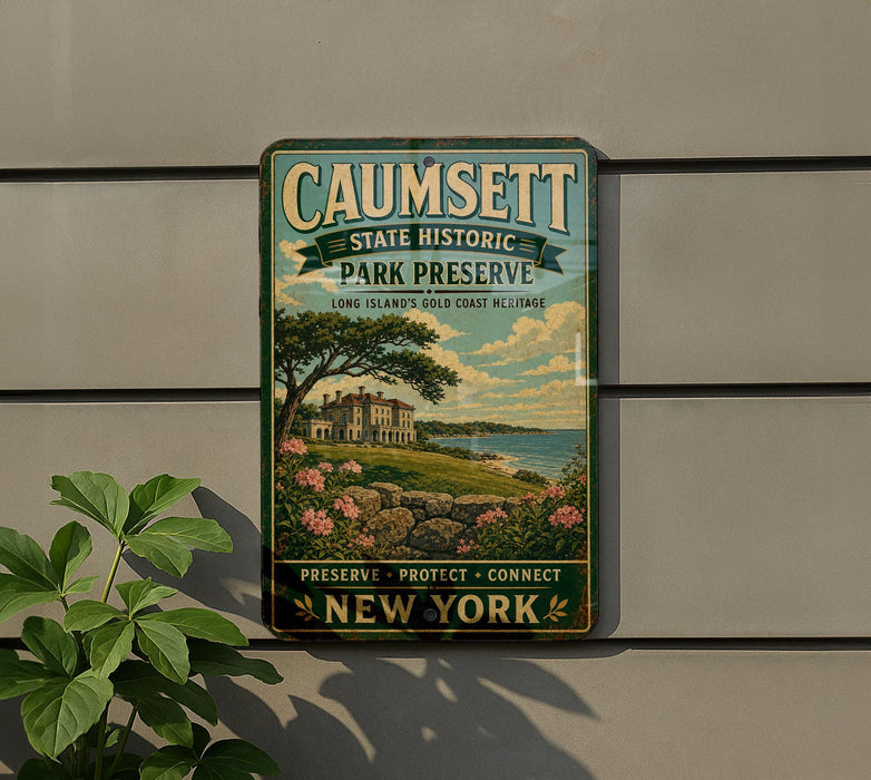 a vintage metal sign with a scenic illustration of a coastal landscape, including a house and trees, mounted on a wall.