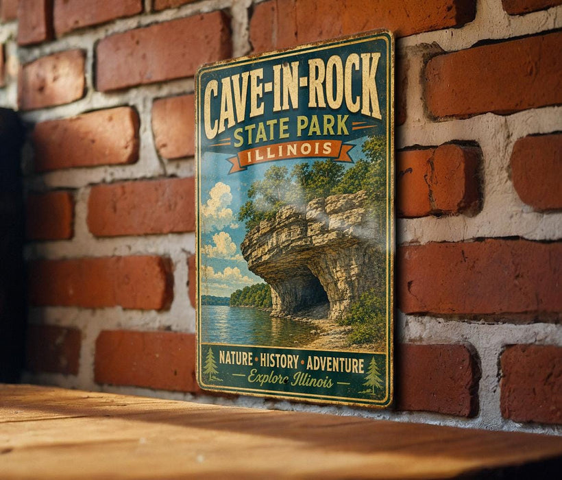 A vintage-style metal sign for Cave-in-Rock State Park in Illinois, featuring a scenic image of a rocky cliff with a lake below.