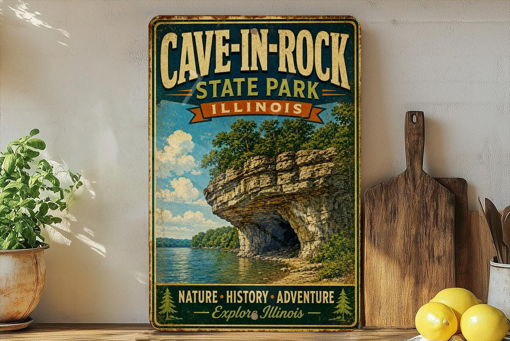 A vintage-style sign for Cave-in-Rock State Park in Illinois, featuring a scenic image of a rocky cliff with a lake below.