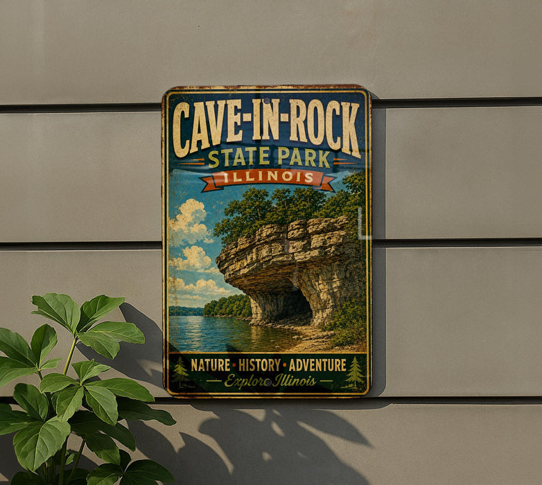 A vintage metal sign for Cave-in-Rock State Park in Illinois, featuring a scenic image of a rocky cliff with a lake below.