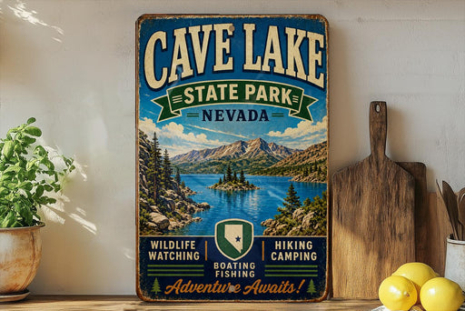 a vintage-style sign for Cave Lake State Park, Nevada, with a scenic mountain landscape and a lake in the background.