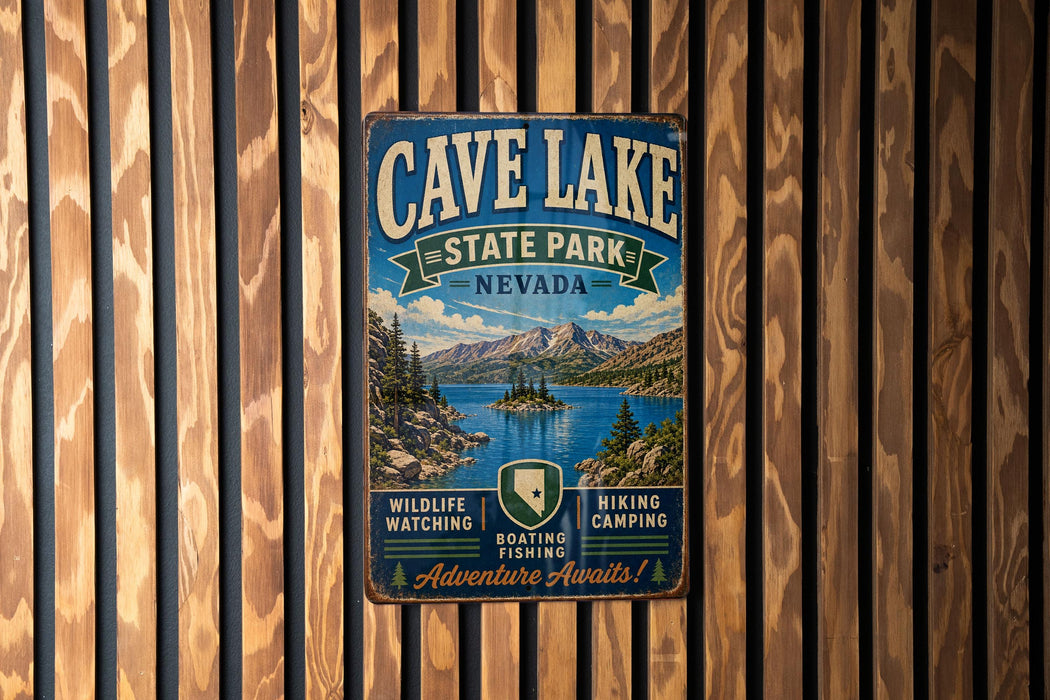 a vintage metal sign for Cave Lake State Park, Nevada, mounted on a wooden wall.