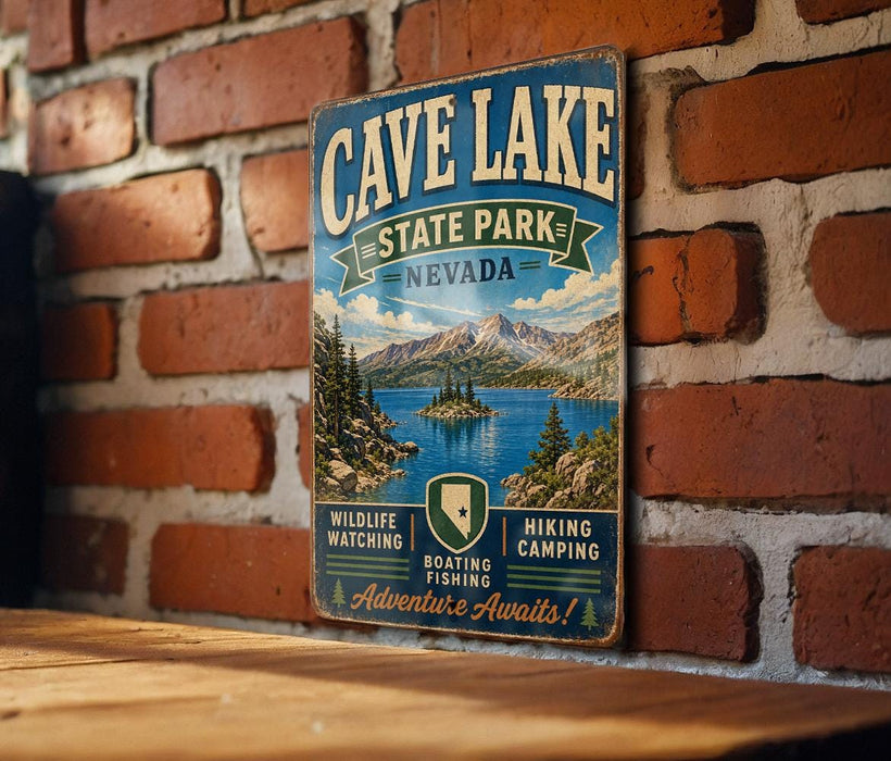 A vintage metal sign for Cave Lake State Park, Nevada, featuring a scenic mountain landscape and water.