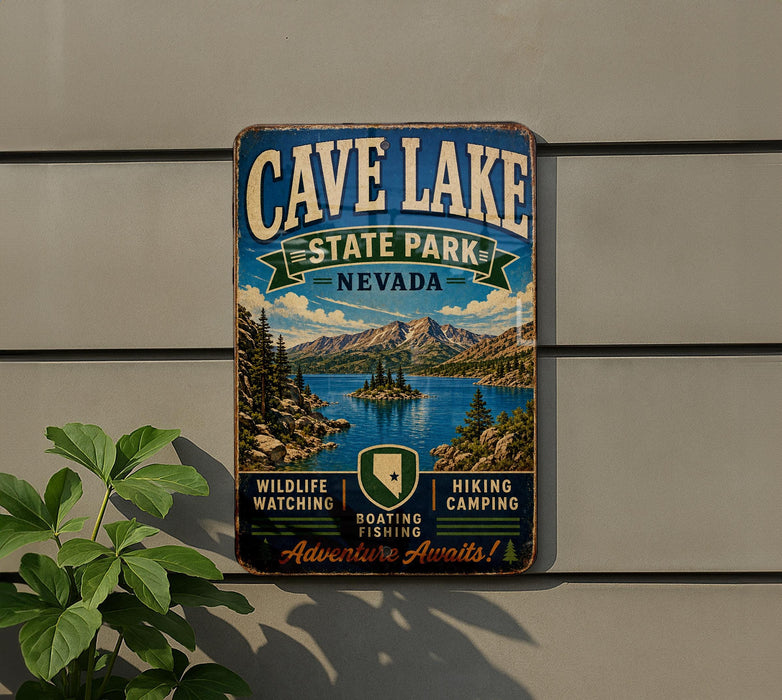 a vintage metal sign for Cave Lake State Park, Nevada, with a scenic mountain landscape and a lake in the background.