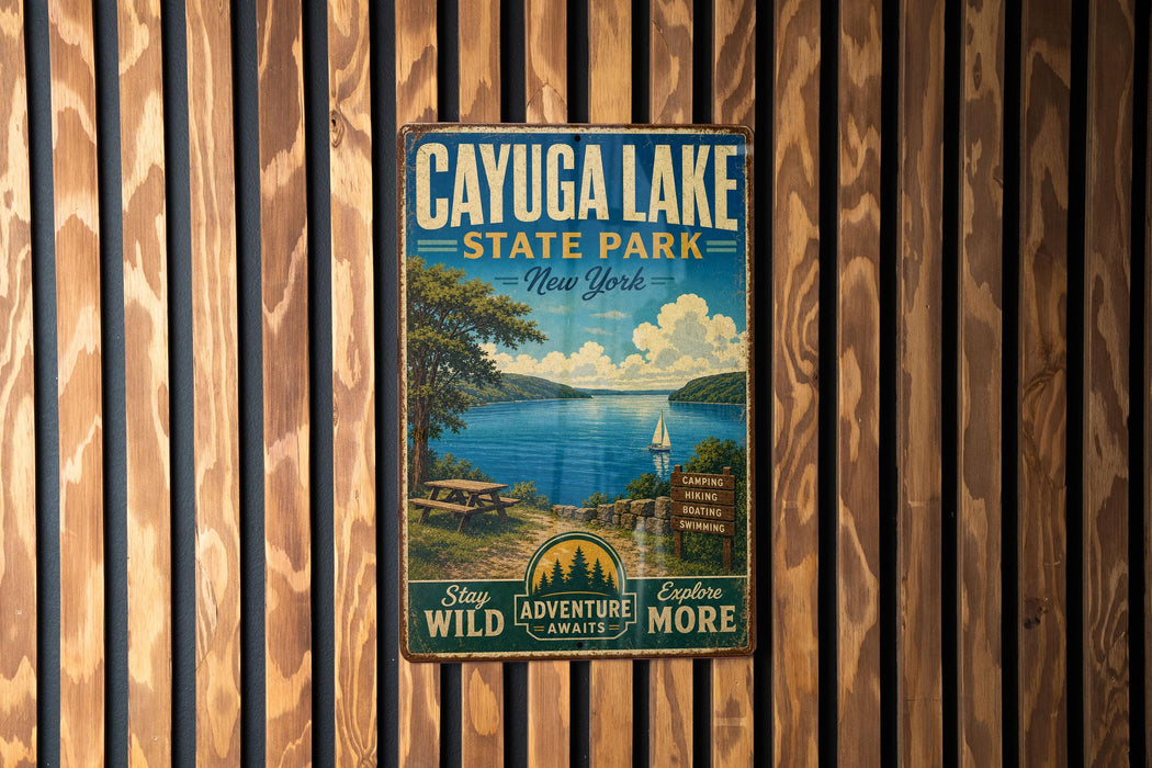 A vintage metal sign for Cayuga Lake State Park in New York, featuring a scenic image of the lake and surrounding landscape.