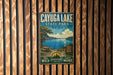 A vintage metal sign for Cayuga Lake State Park in New York, featuring a scenic image of the lake and surrounding landscape.