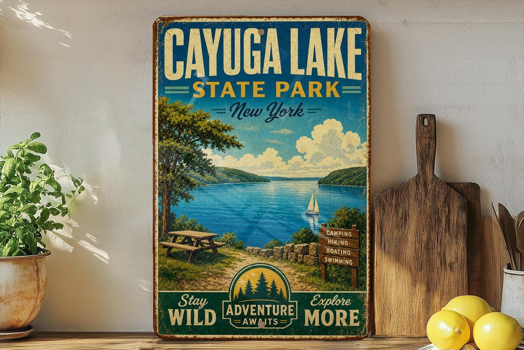 A vintage-style sign for Cayuga Lake State Park in New York, featuring a scenic image of the lake and surrounding landscape.