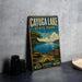 A vintage-style metal sign for Cayuga Lake State Park in New York, featuring a scenic image of the lake and surrounding landscape.