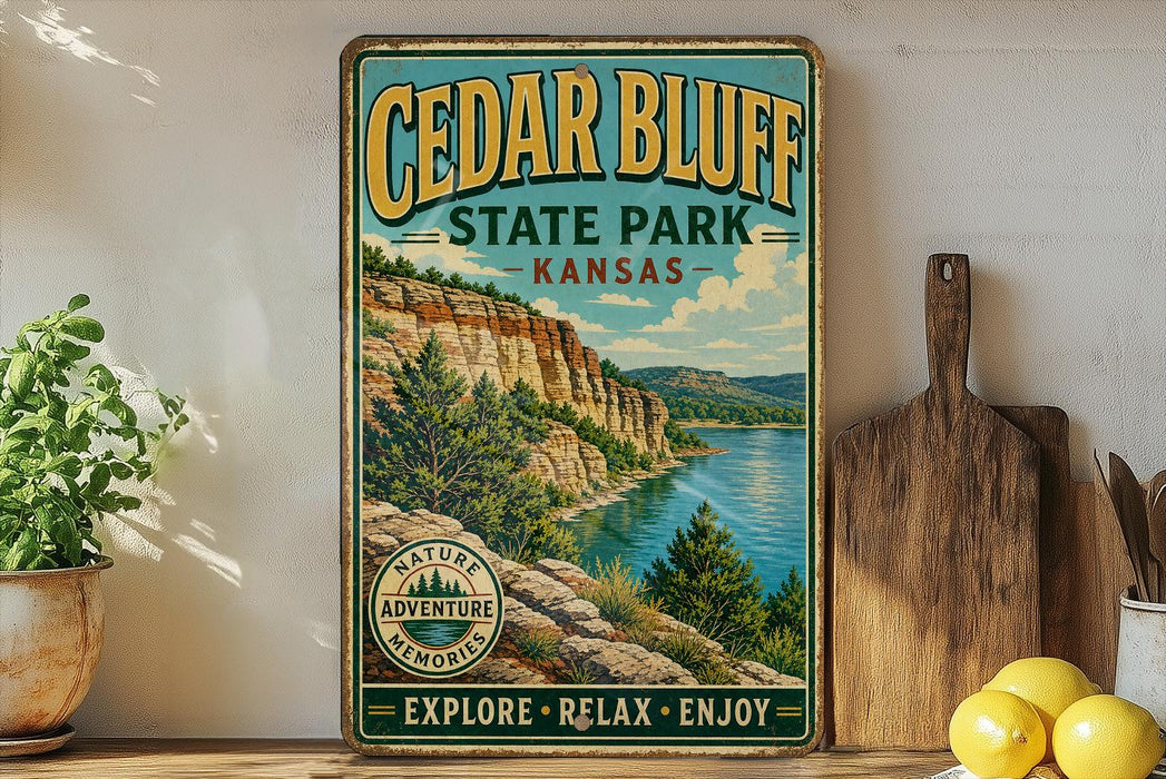 A vintage-style sign for Cedar Bluff State Park in Kansas, featuring a scenic landscape with a river and mountains.