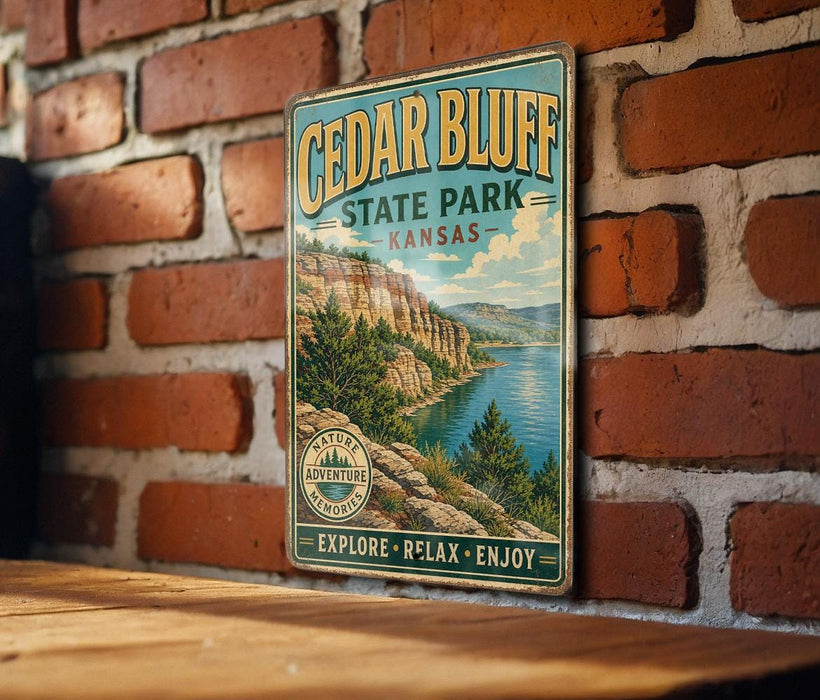 A vintage-style metal sign for Cedar Bluff State Park in Kansas, featuring a scenic landscape with a lake and mountains.