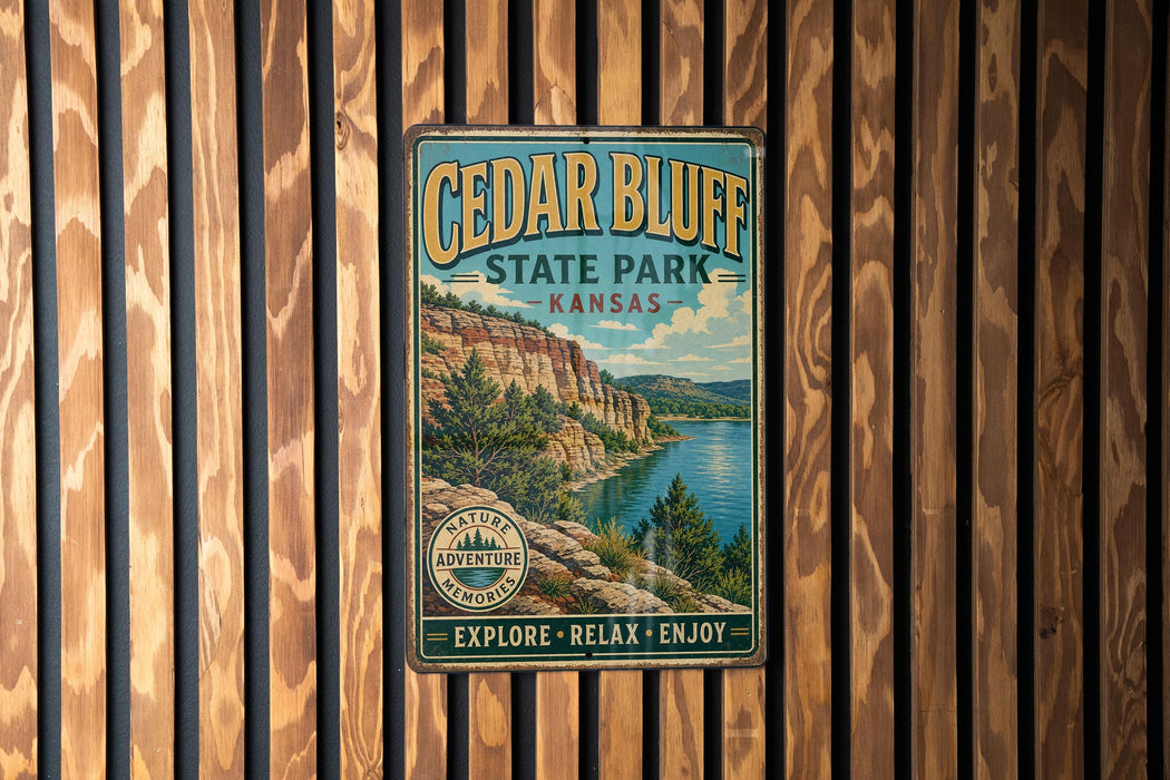 A vintage metal sign for Cedar Bluff State Park in Kansas, featuring a scenic landscape with a lake and mountains.