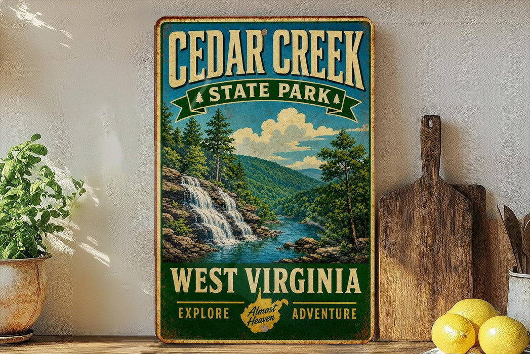 A vintage-style sign for Cedar Creek State Park in West Virginia, featuring a scenic illustration of a waterfall surrounded by lush greenery.