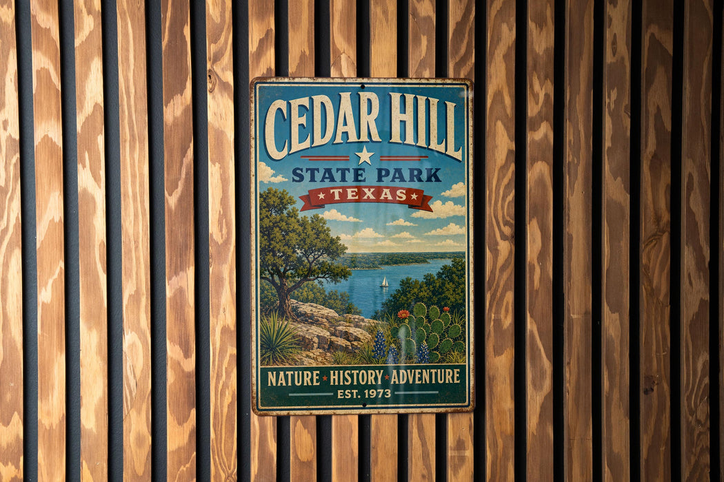 A vintage metal sign for Cedar Hill State Park in Texas, featuring a scenic landscape with a lake, mountains, and cacti.