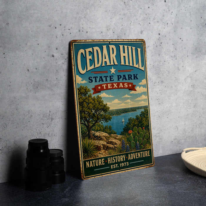 A vintage-style metal sign for Cedar Hill State Park in Texas, featuring a scenic landscape with a lake, mountains, and trees.