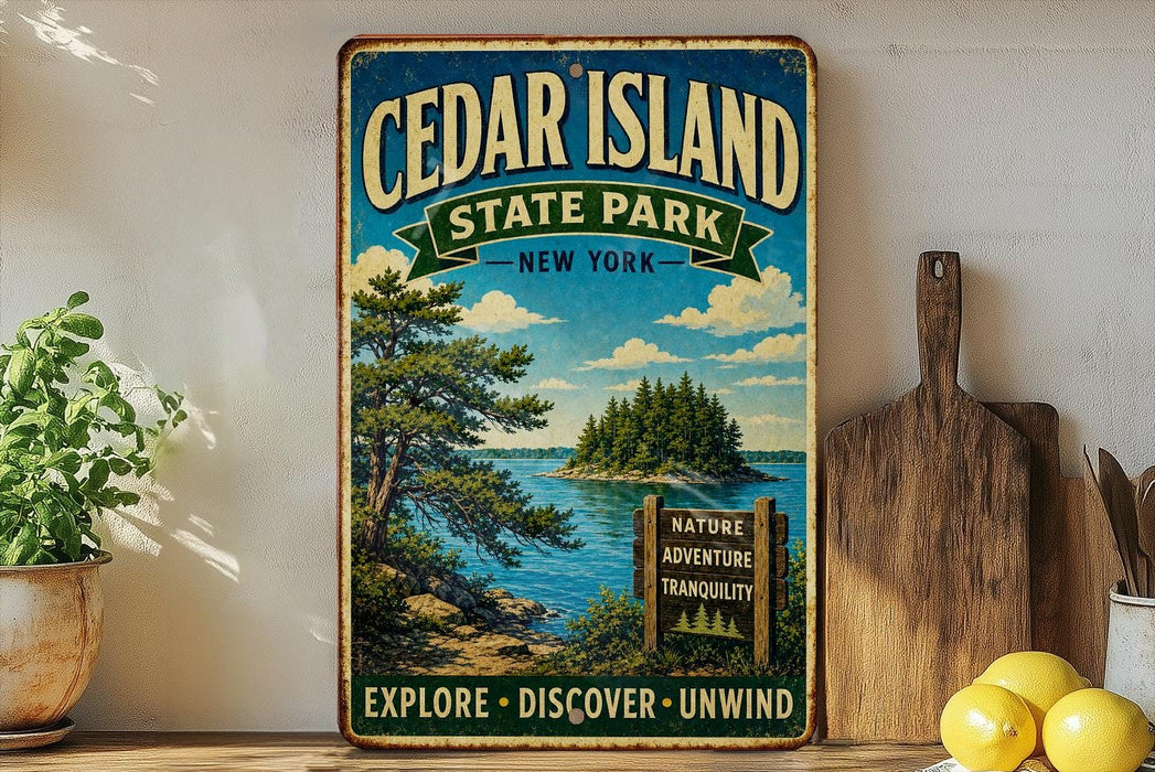 A vintage-style metal sign for Cedar Island State Park in New York, featuring a scenic landscape with pine trees, a lake, and a wooden sign that says "NATURE ADVENTURE TRAQUOLITY EXPLORE DISCOVER UNWIND".