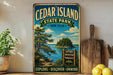 A vintage-style metal sign for Cedar Island State Park in New York, featuring a scenic landscape with pine trees, a lake, and a wooden sign that says "NATURE ADVENTURE TRAQUOLITY EXPLORE DISCOVER UNWIND".