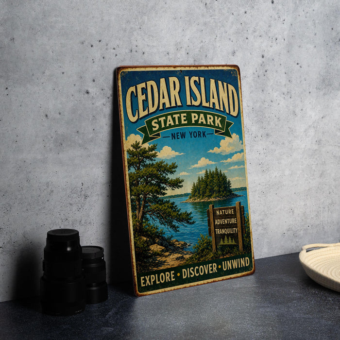 A vintage-style metal sign for Cedar Island State Park in New York, featuring a scenic landscape with pine trees, a lake, and a sign that says "NATURE ADVENTURE TUNQUILITY EXPLORE DISCOVER UNWIND".