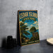 A vintage-style metal sign for Cedar Island State Park in New York, featuring a scenic landscape with pine trees, a lake, and a sign that says "NATURE ADVENTURE TUNQUILITY EXPLORE DISCOVER UNWIND".