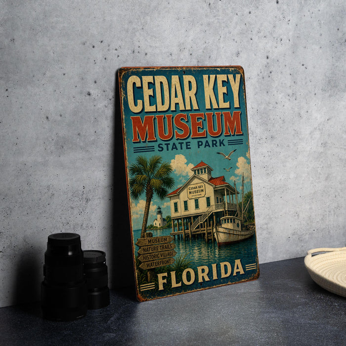 A vintage-style sign for the Cedar Key Museum in Florida, featuring an illustration of a lighthouse and a boat on the water.