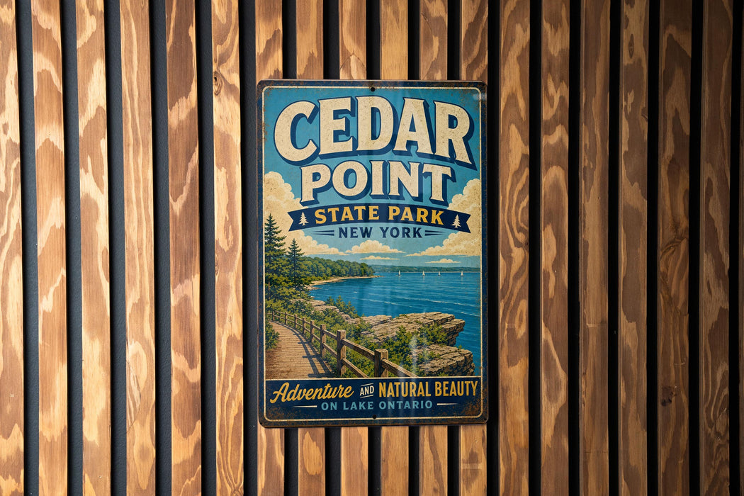 A vintage metal sign for Cedar Point State Park in New York, featuring a scenic image of the park's lake and cliffs.