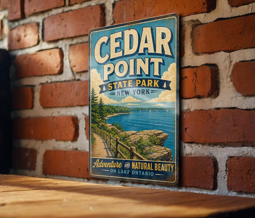 A vintage-style metal sign for Cedar Point State Park in New York, featuring a scenic illustration of the park's landscape with a lake and cliffs.
