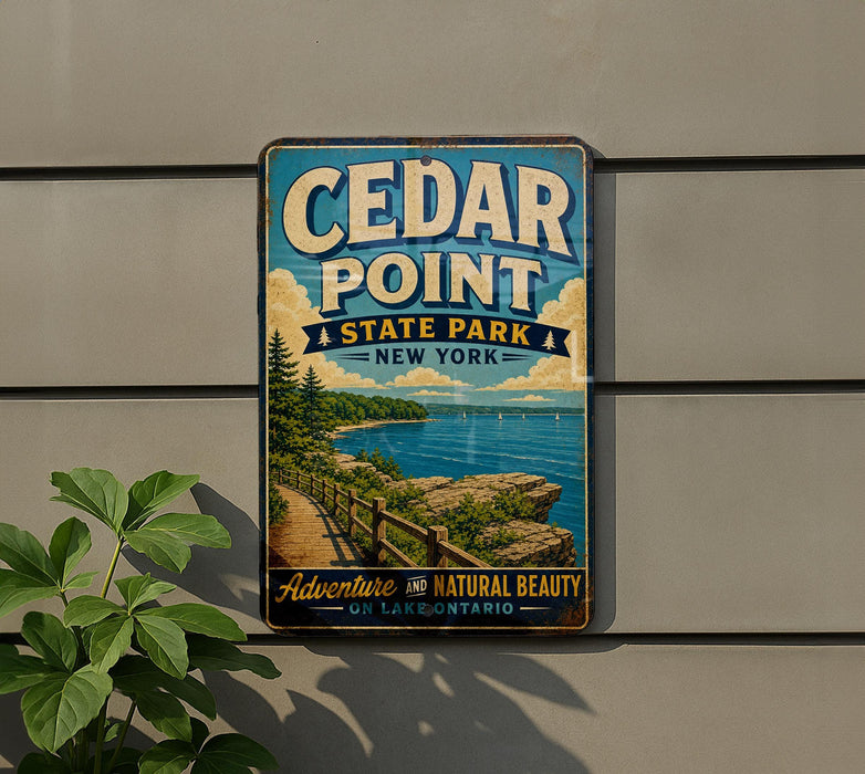 A vintage-style metal sign for Cedar Point State Park in New York, featuring a scenic landscape with a lake and cliffs.