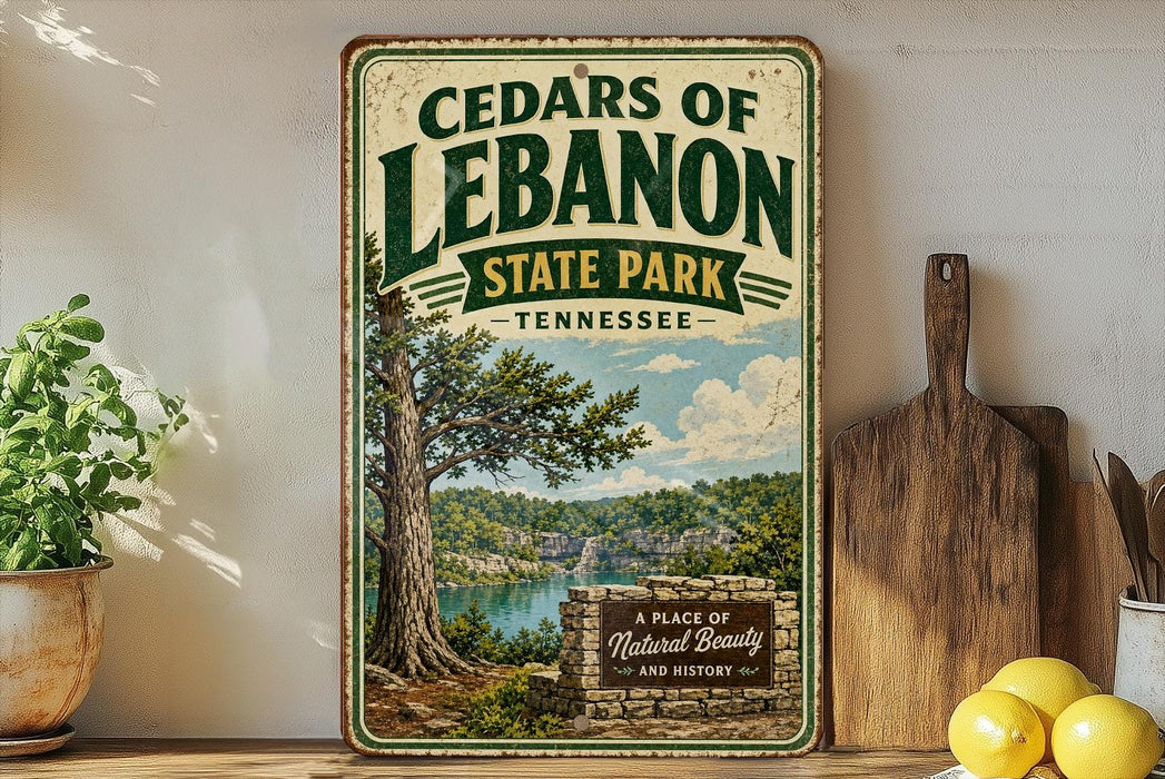 A vintage-style sign for Cedar of Lebanon State Park in Tennessee, featuring a scenic landscape with a lake and trees.