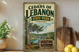 A vintage-style sign for Cedar of Lebanon State Park in Tennessee, featuring a scenic landscape with a lake and trees.