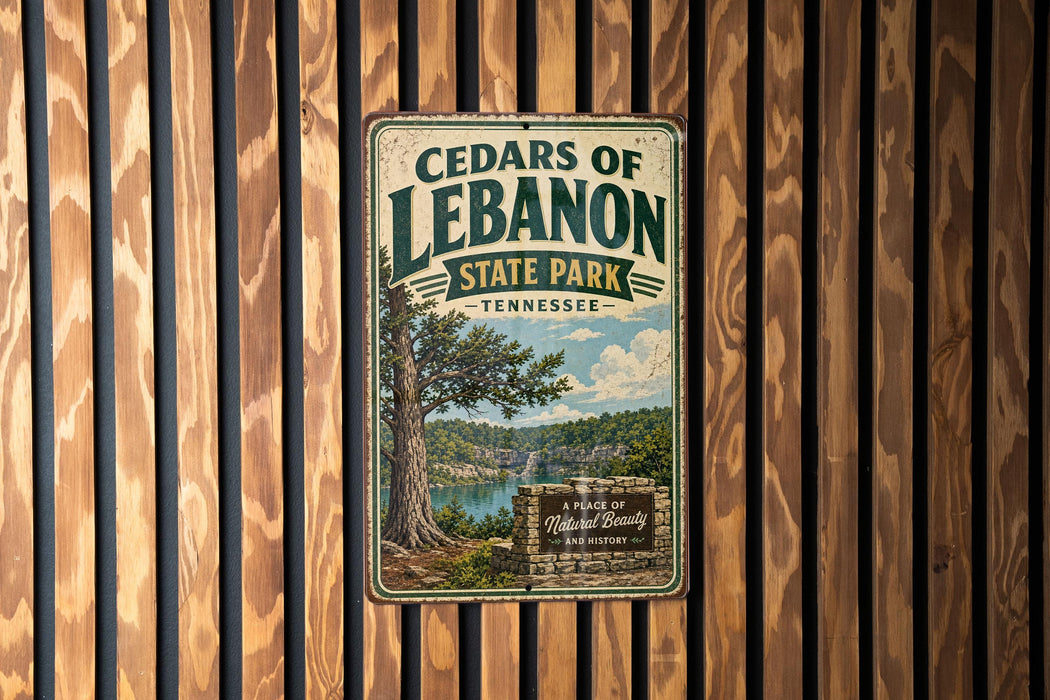 A vintage-style metal sign for Cedar of Lebanon State Park in Tennessee, featuring a scenic illustration of the park's natural beauty.