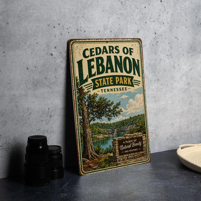 A vintage-style sign for Cedar of Lebanon State Park in Tennessee, featuring a scenic illustration of the park's natural beauty.
