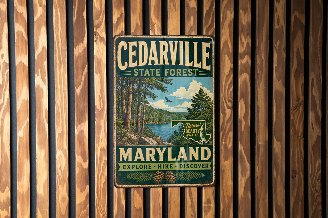 A vintage metal sign for the Cedarville State Forest in Maryland, featuring a scenic illustration of a forest and a lake.