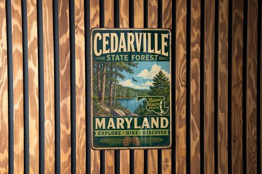 A vintage metal sign for the Cedarville State Forest in Maryland, featuring a scenic illustration of a forest and a lake.