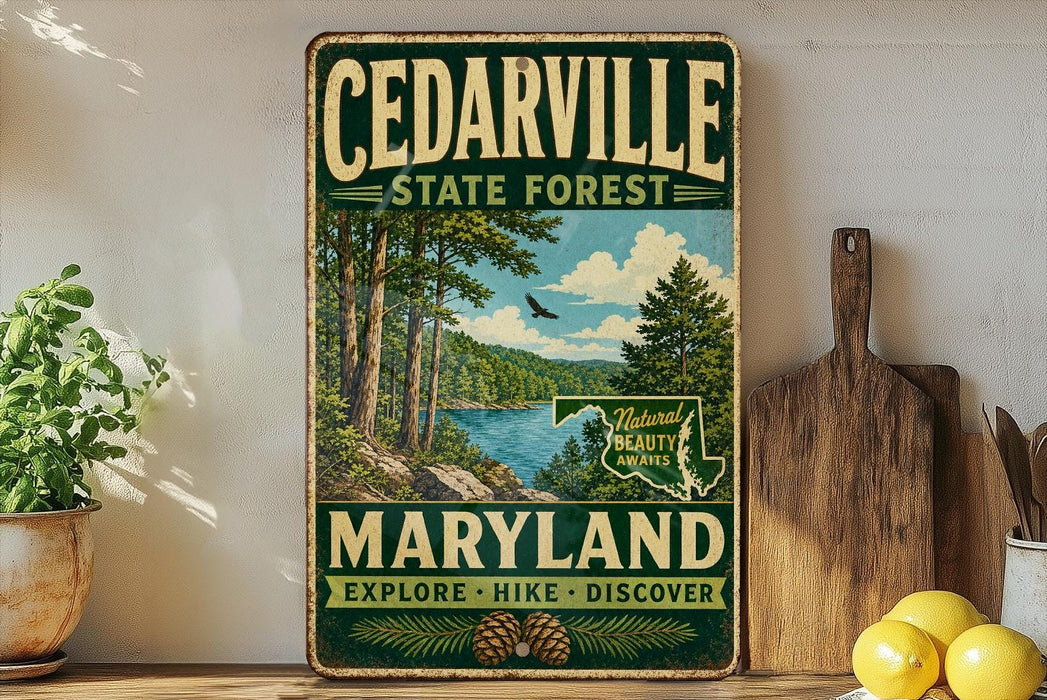A vintage-style metal sign for the Cedarville State Forest in Maryland, featuring a scenic landscape with trees, a lake, and mountains.