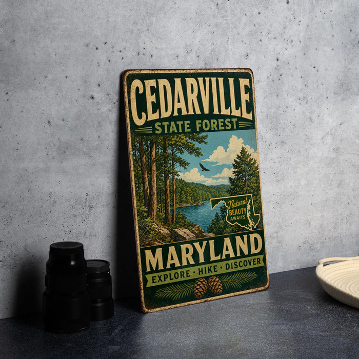 A vintage metal sign for the Cedarville State Forest in Maryland, featuring a scenic illustration of a forest and a lake.