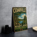 A vintage metal sign for the Cedarville State Forest in Maryland, featuring a scenic illustration of a forest and a lake.