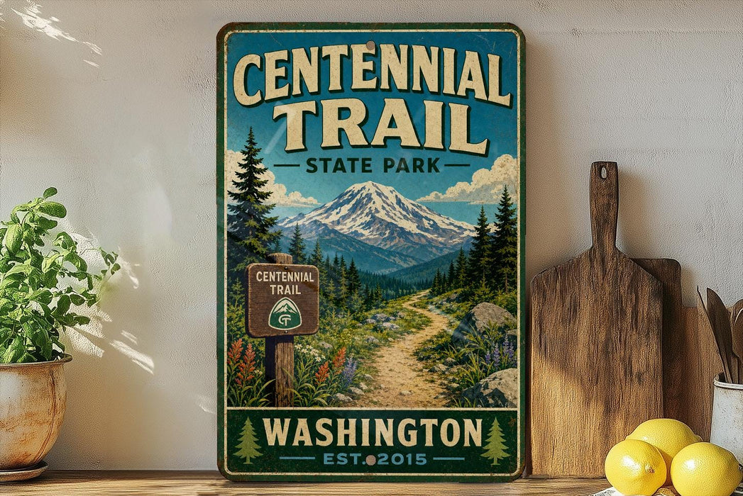 a vintage-style sign for Centennial Trail State Park in Washington, with a mountain landscape and trail sign.