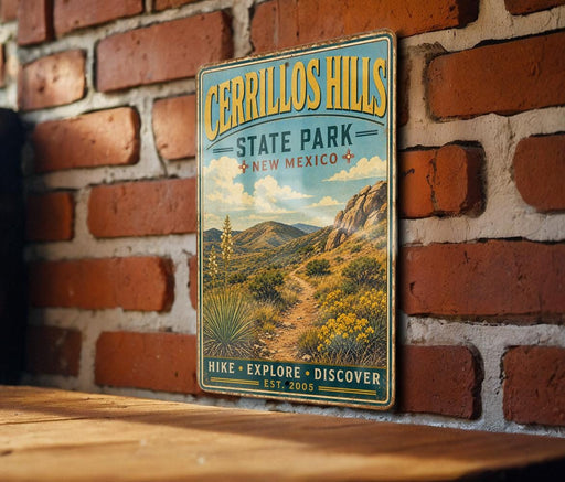 A vintage-style metal sign for Cerrillos Hills State Park in New Mexico, featuring a scenic landscape with mountains, desert vegetation, and a trail.