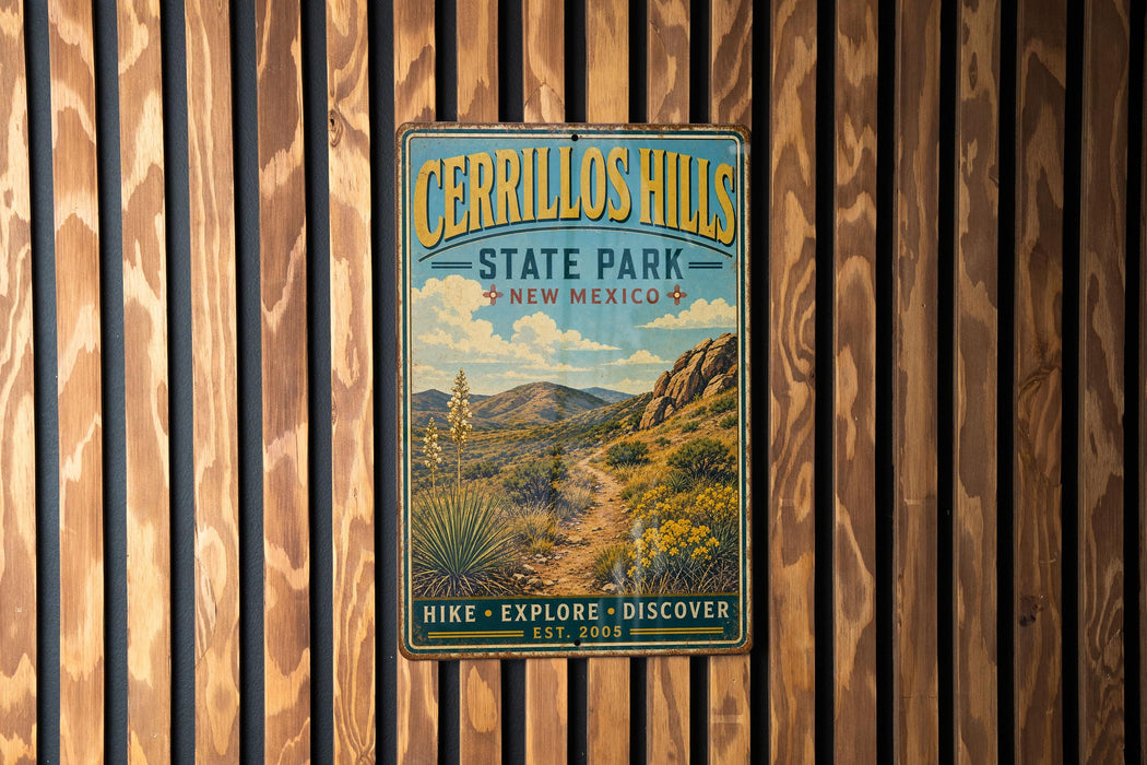 A vintage-style metal sign for Cerrillos Hills State Park in New Mexico, featuring a scenic landscape with mountains, desert vegetation, and a trail.