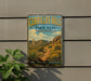 A vintage-style metal sign for Cerrillos Hills State Park in New Mexico, featuring a scenic landscape with mountains, desert vegetation, and a trail.