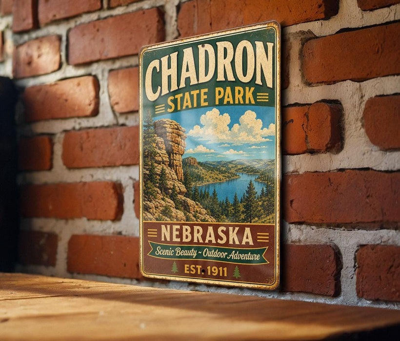 A vintage-style metal sign for Chardon State Park in Nebraska, featuring a scenic landscape with mountains, trees, and a lake.