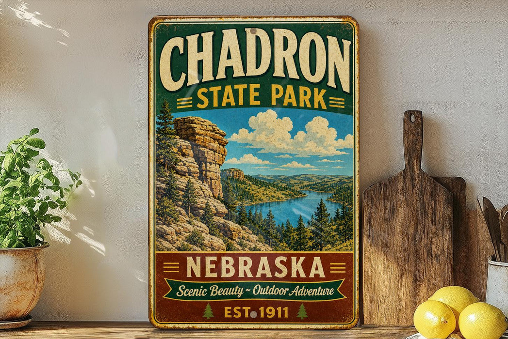 A vintage-style metal sign for Chardon State Park in Nebraska, featuring a scenic mountain landscape and a river.
