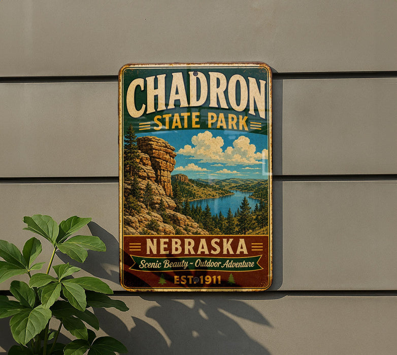 A vintage-style metal sign for Chadron State Park in Nebraska, featuring a scenic landscape with mountains, trees, and a lake.