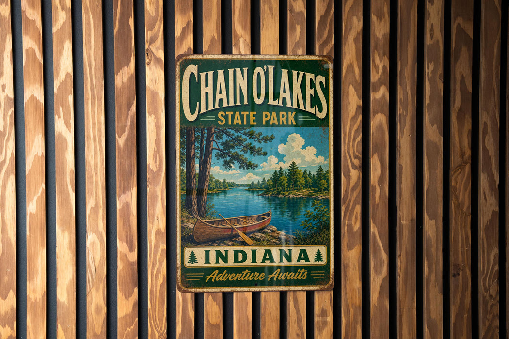A vintage metal sign for Chain O Lakes State Park in Indiana, featuring a scenic image of a lake with a canoe, is displayed on a wooden wall.