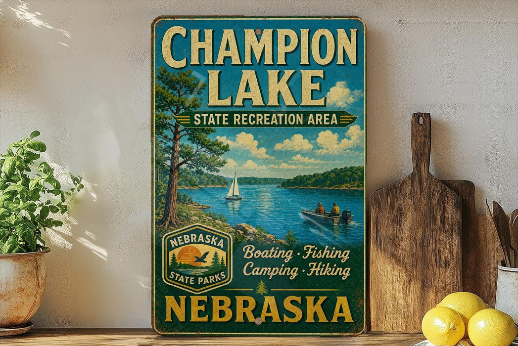 A vintage-style sign for Champion Lake, a state recreation area in Nebraska, featuring a scenic image of a lake with a sailboat and people enjoying various outdoor activities.
