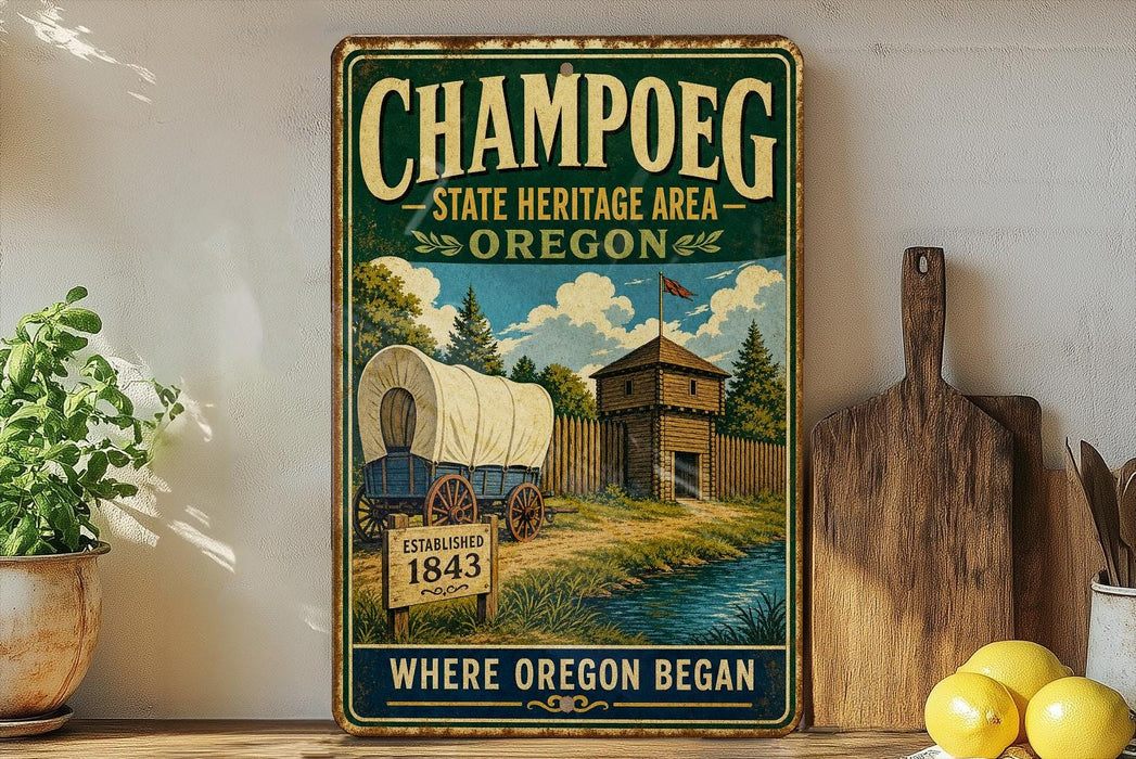 A vintage-style metal sign for Champoeg State Heritage Area in Oregon, featuring an illustration of a covered wagon and a wooden building.