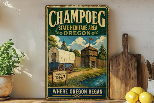 A vintage-style metal sign for Champoeg State Heritage Area in Oregon, featuring an illustration of a covered wagon and a wooden building.