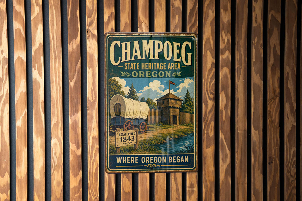 A vintage metal sign for the Champoeg State Heritage Area in Oregon, featuring a wagon train and a sign that says "Established 1843" and "Where Oregon Began".